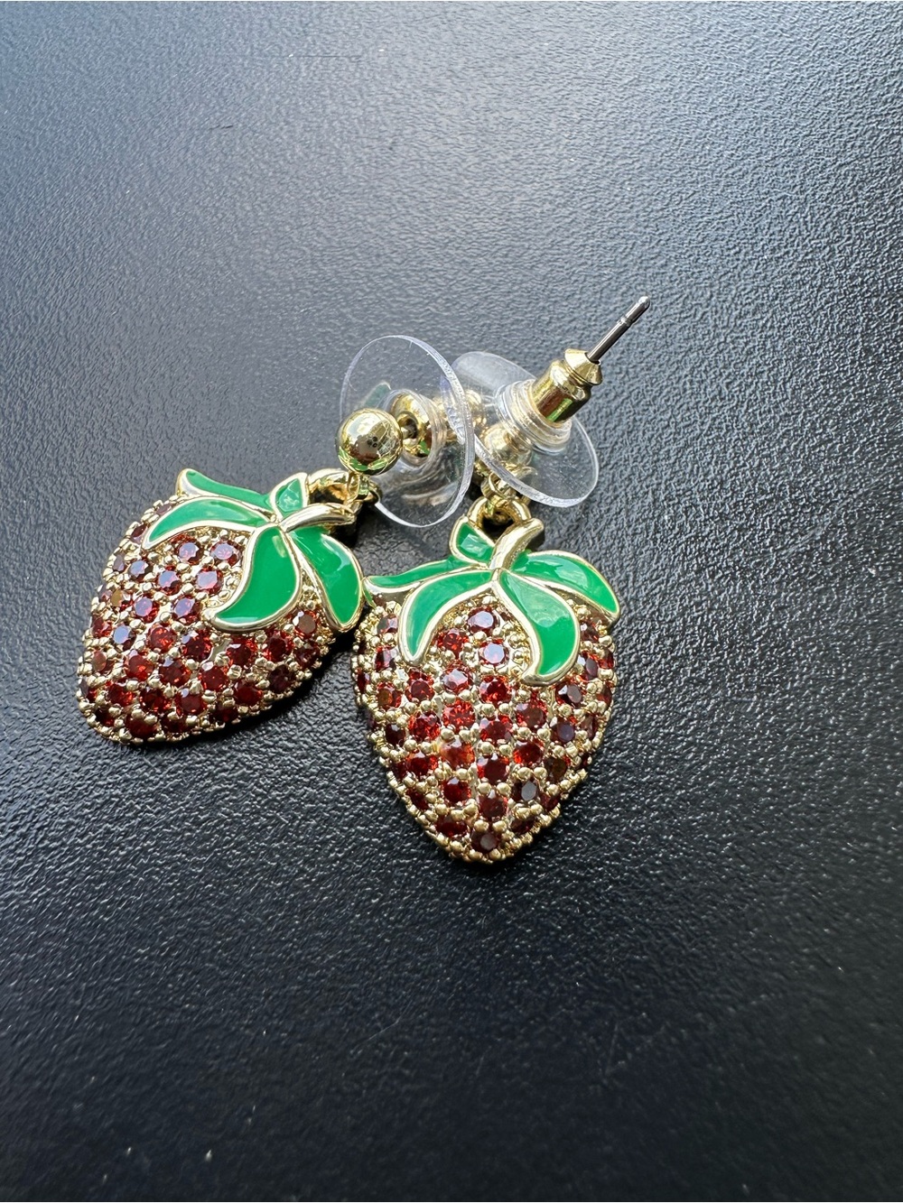 Gold-Tone Red Crystal Strawberry Drop with Green Enamel Leaves Earrings